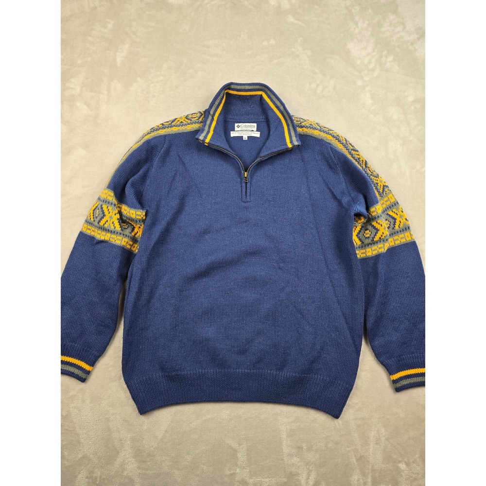 Vintage Columbia Quarter Zip Sweater Mens XL Blue Wool Fair Isle Nordic *Read